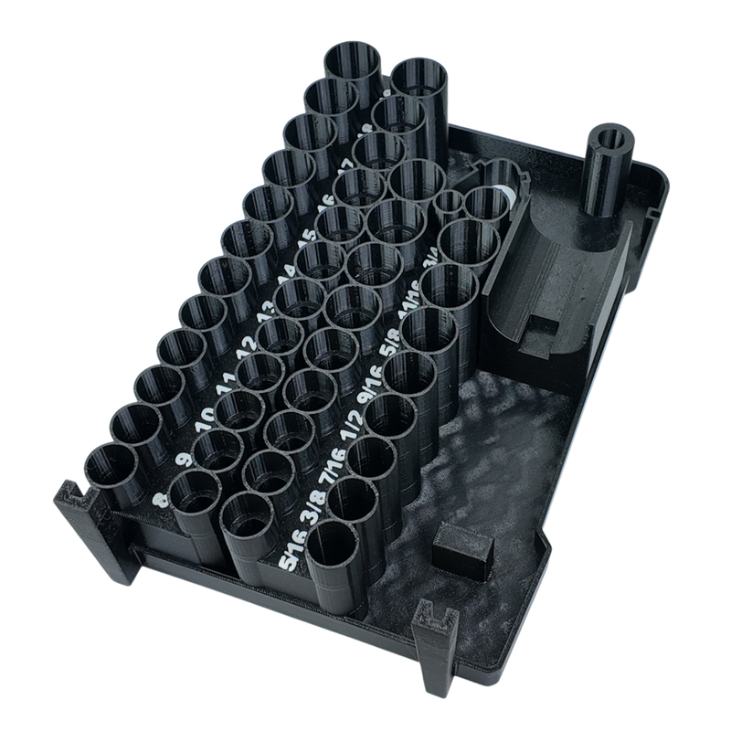 Top-down view of the M12 ratchet and 43pc socket set Packout insert