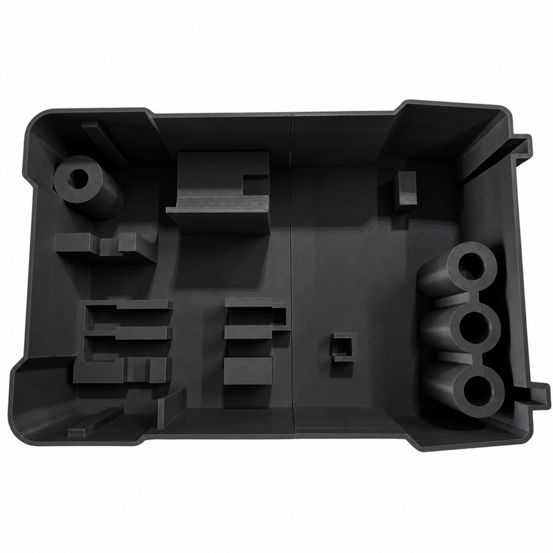 Black M12 stubby impact and ratchet organiser insert for Milwaukee PACKOUT 48-22-8435, empty two-piece insert.