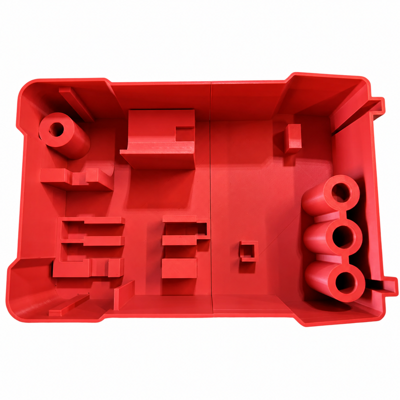 Red M12 stubby impact and ratchet organiser insert for Milwaukee PACKOUT 48-22-8435, empty two-piece insert.