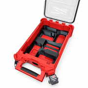 Black M18 five-slot battery insert fitted in open Milwaukee Packout compact organiser, angled view