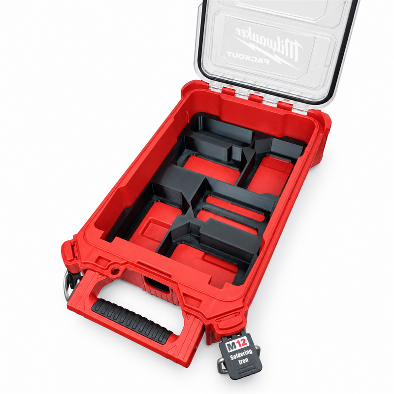 Black M18 five-slot battery insert fitted in open Milwaukee Packout compact organiser, angled view