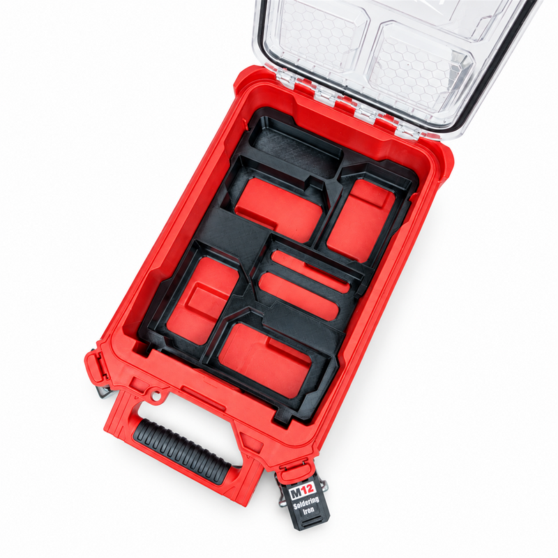 Black M18 five-slot battery holder insert inside open Milwaukee Packout compact organiser, view 2