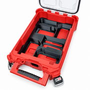 Black M18 five-slot battery holder insert inside open Milwaukee Packout compact organiser, view 3