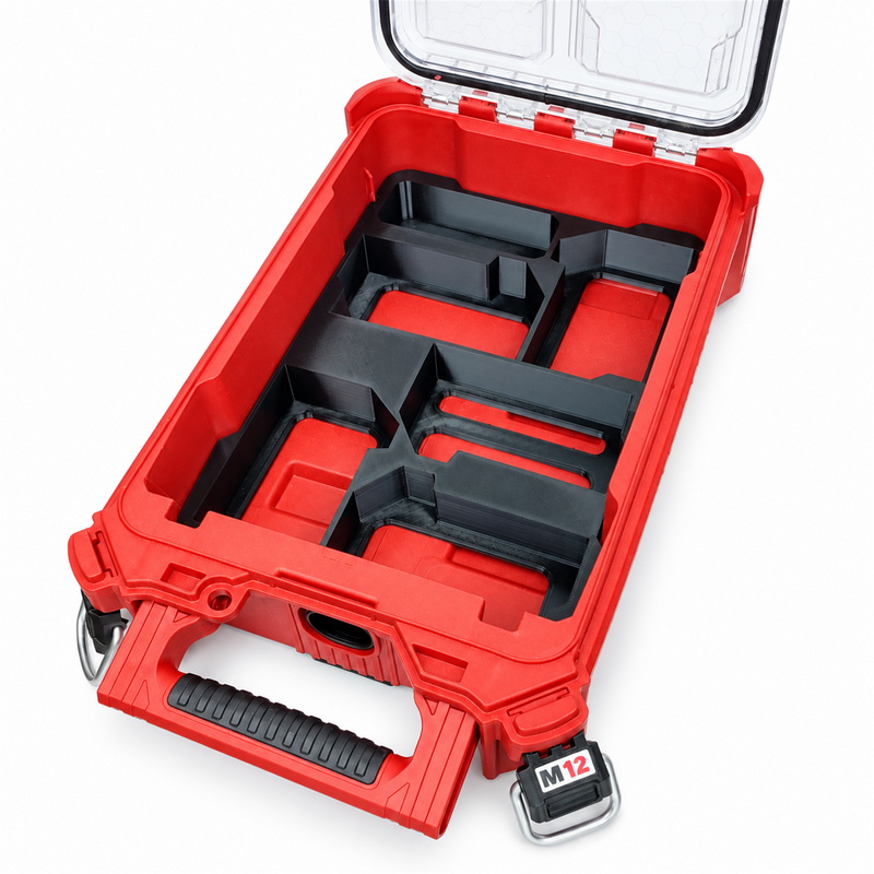 Black M18 five-slot battery holder insert inside open Milwaukee Packout compact organiser, view 3