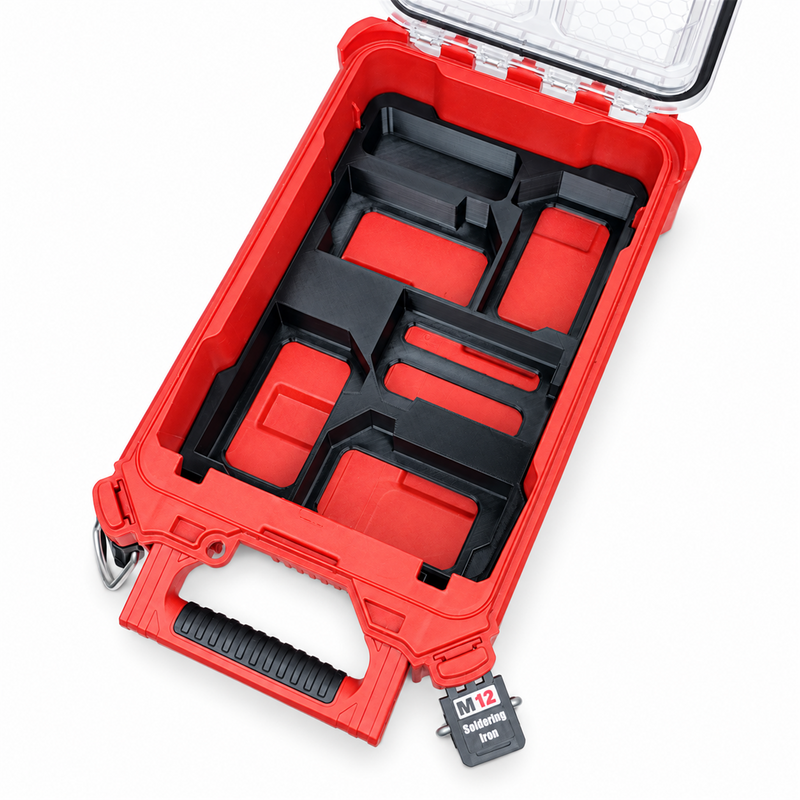 Black M18 five-slot battery holder insert inside open Milwaukee Packout compact organiser, view 4