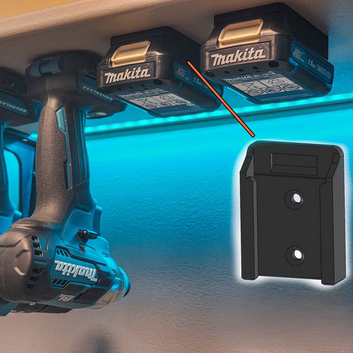 Makita power tool with two batteries attached, showing a close-up of one battery.