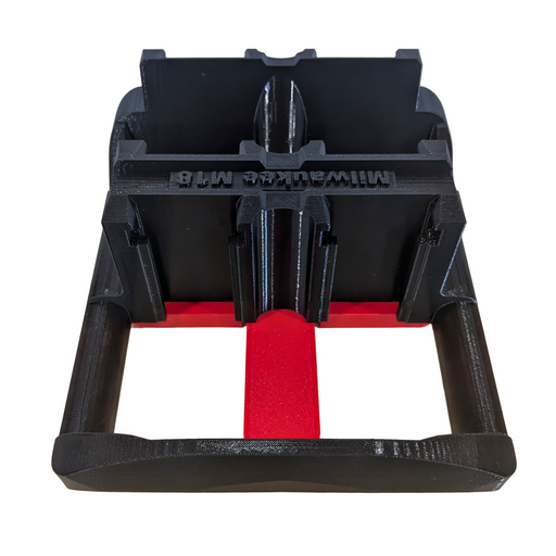 Milwaukee battery carrier packout ready, designed to hold 6x M18 batteries, displayed on a wooden surface.