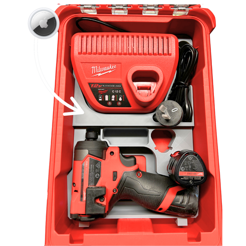 Milwaukee Packout M12 drill and battery organiser with hidden AirTag compartment