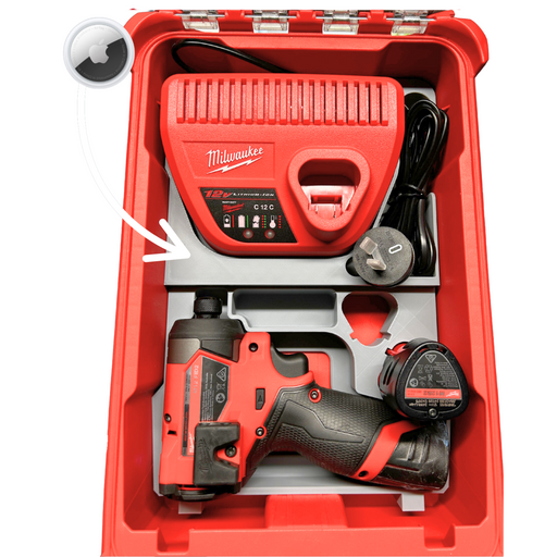 Milwaukee Packout M12 drill and battery organiser with hidden AirTag compartment