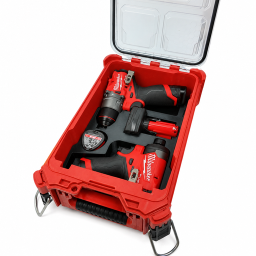 Milwaukee Packout M12 FUEL drill and impact insert with hidden AirTag compartment