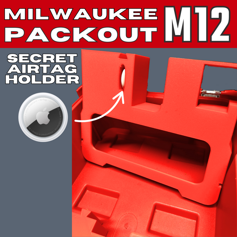 Red Milwaukee Packout M12 tool box with a Secret Airtag Holder feature, featuring a gray background and Apple logo.