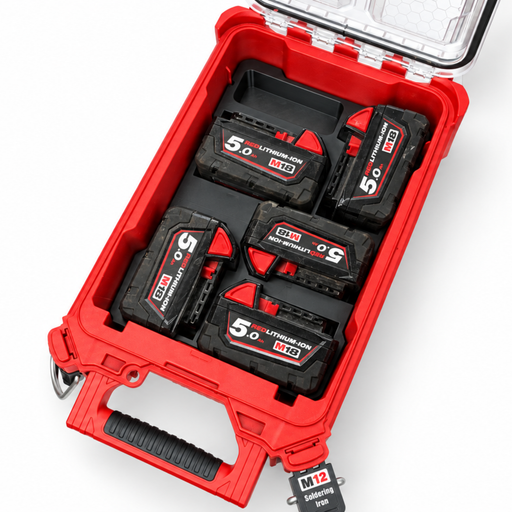 Black five-slot insert holding Milwaukee M18 batteries inside an open red PACKOUT compact organiser.