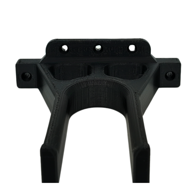Black wall mount for a Milwaukee M18 whipper snipper power head, showing five mounting holes.
