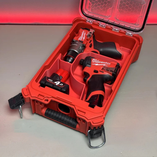 Milwaukee Packout 12V drill combo insert holding 2 M12 tools plus battery