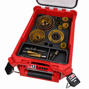 Black insert holding Starrett-style hole saws and accessories inside an open red Milwaukee PACKOUT organiser.
