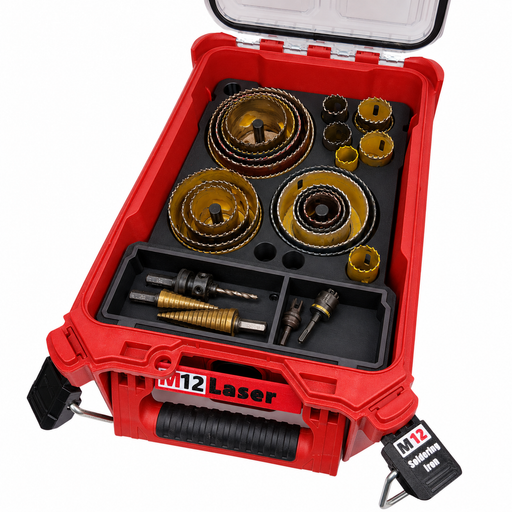 Black insert holding Starrett-style hole saws and accessories inside an open red Milwaukee PACKOUT organiser.