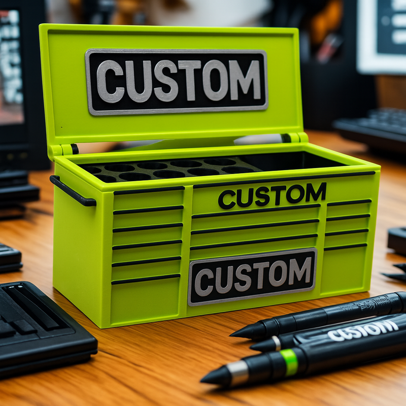 Mini tool chest pen holder with custom text, Australian made desk organiser