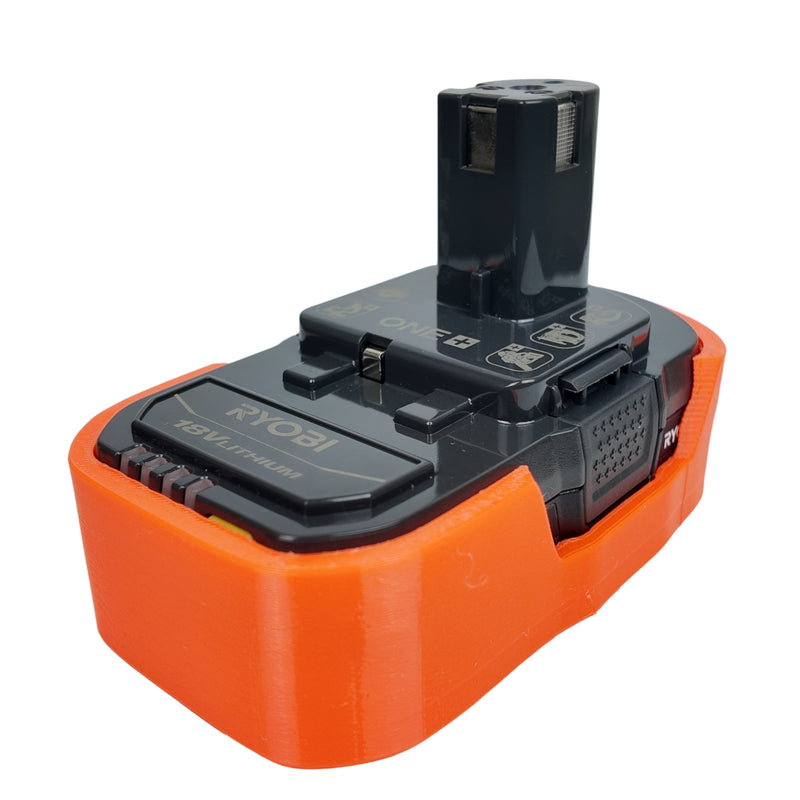 Orange magnetic battery case for Ryobi ONE+ 18V, battery fitted inside the orange case.
