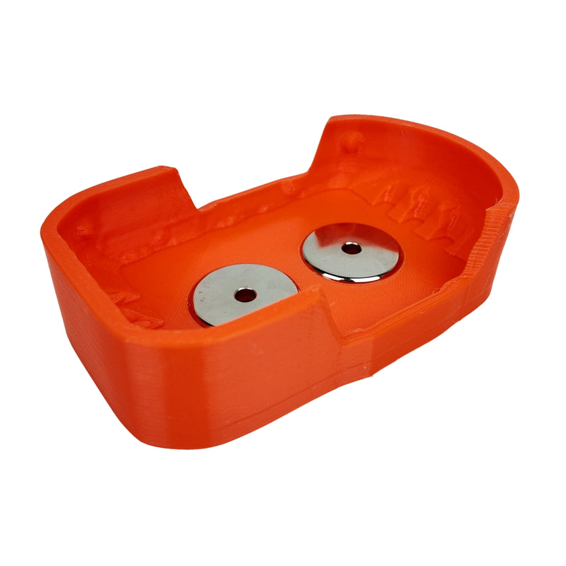 Orange magnetic battery case for Ryobi ONE+ 18V, empty case showing two round magnets.
