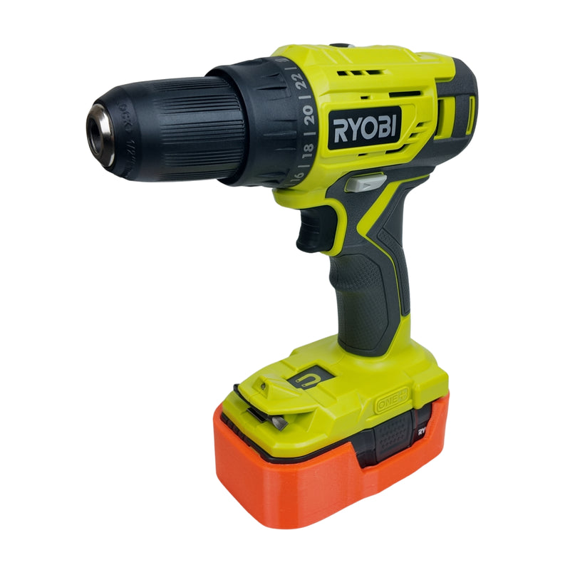 Orange magnetic battery case for Ryobi ONE+ 18V, full drill standing on the magnetic battery case.