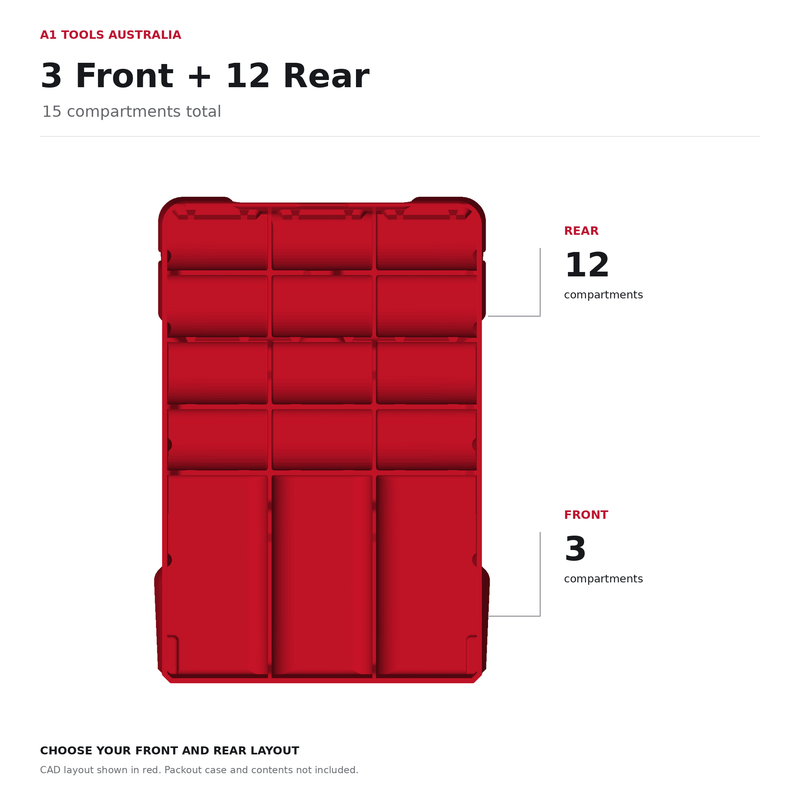 Packout bin insert layout: 3 front + 12 rear compartments, 15 total. CAD layout shown in red.