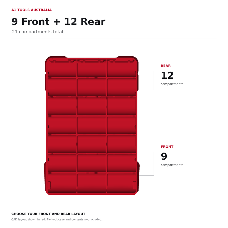 Packout bin insert layout: 9 front + 12 rear compartments, 21 total. CAD layout shown in red.