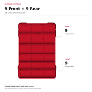 Packout bin insert layout: 9 front + 9 rear compartments, 18 total. CAD layout shown in red.