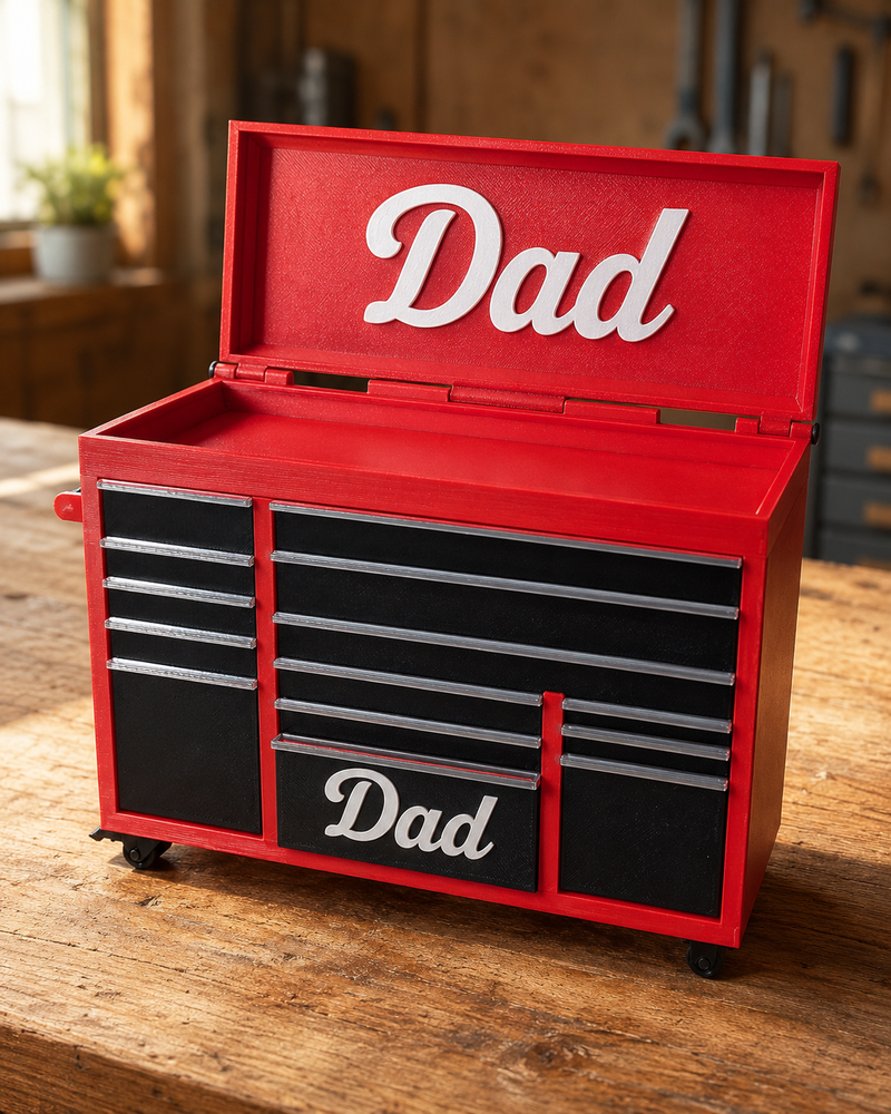 Red personalised mini tool chest with a custom name on the lid and drawer, Australian made