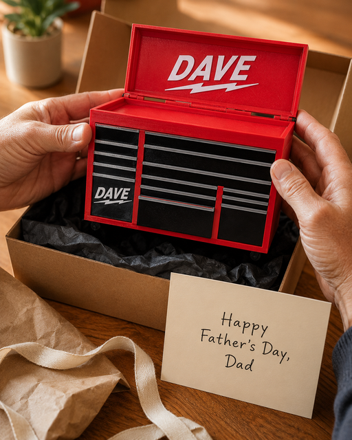 Personalised mini tool chest presented as a gift, a novelty desk chest for dads and tradies