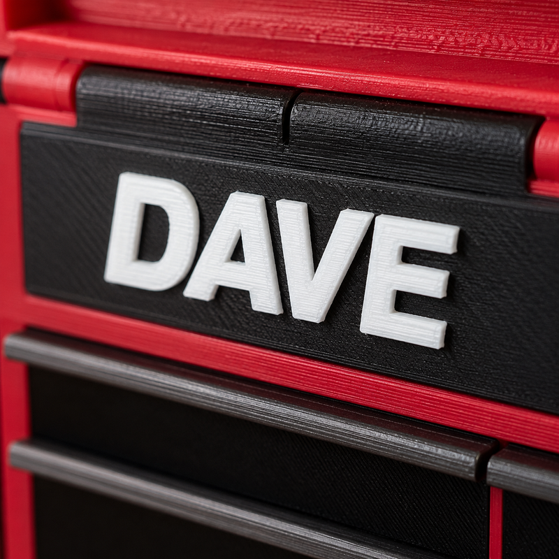 Close view of the custom name lettering on the lid of a personalised mini tool chest