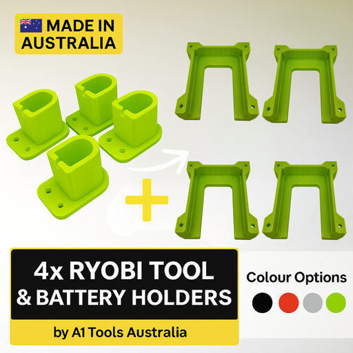 Ryobi ONE+ 18V tool and battery holders 4 pack wall mount, Australian made 3D printed storage