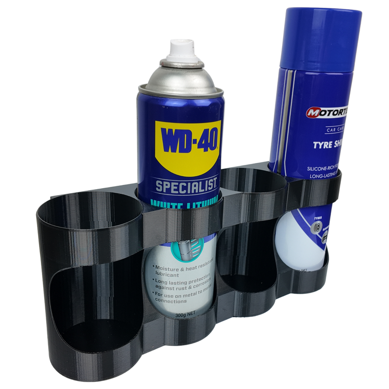 Top-down view of the spray can holder slots sized for 70mm cans