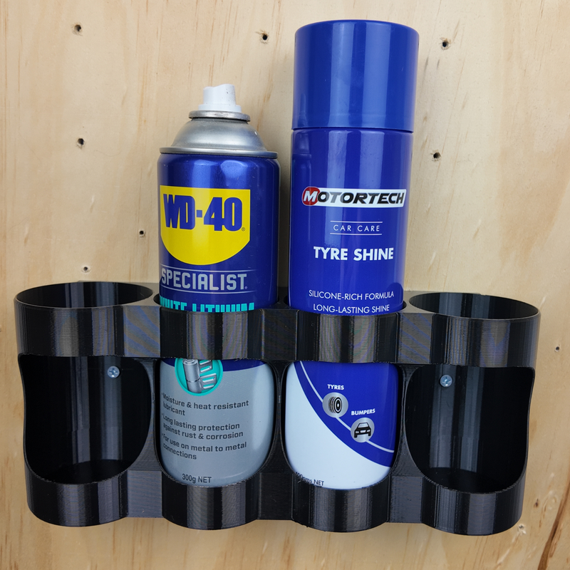 Four-slot spray can wall holder shown from the front, Australian made PETG