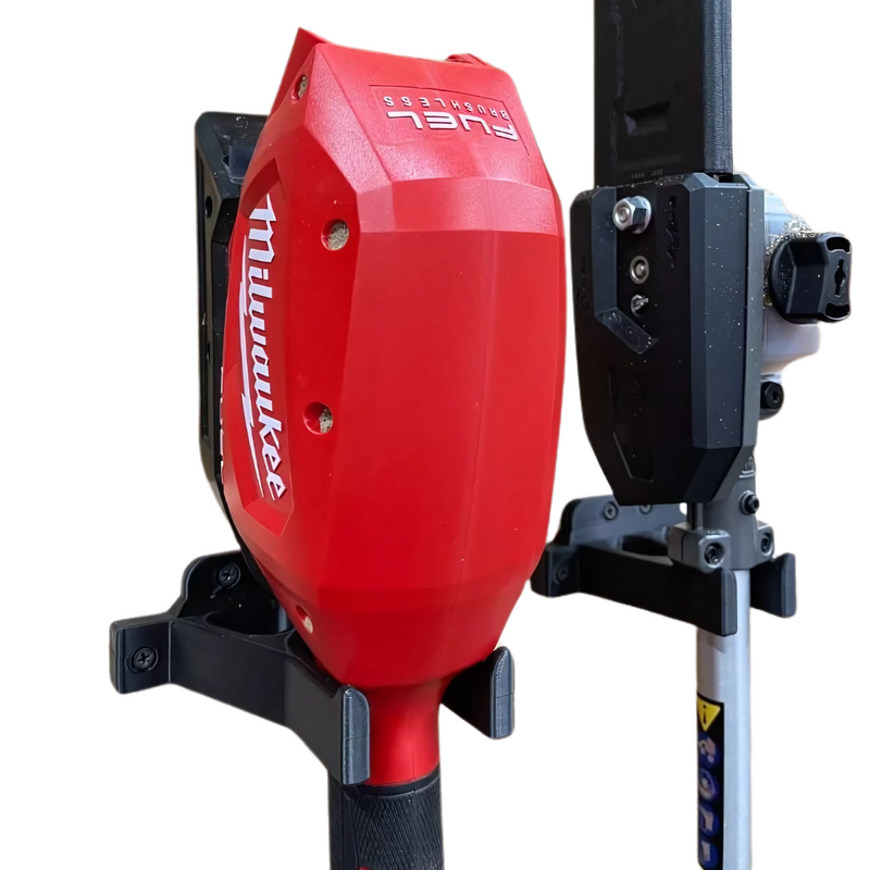 Wall mount for a Milwaukee M18 whipper snipper power head, black bracket holding a red power head, side view.