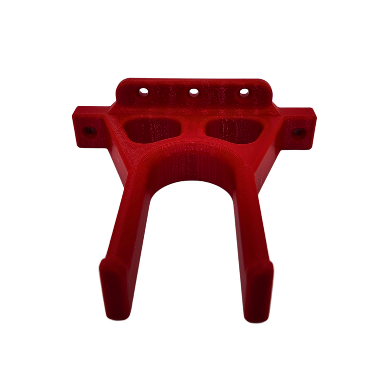 Wall mount for a Milwaukee M18 whipper snipper power head, red bracket viewed from the front.